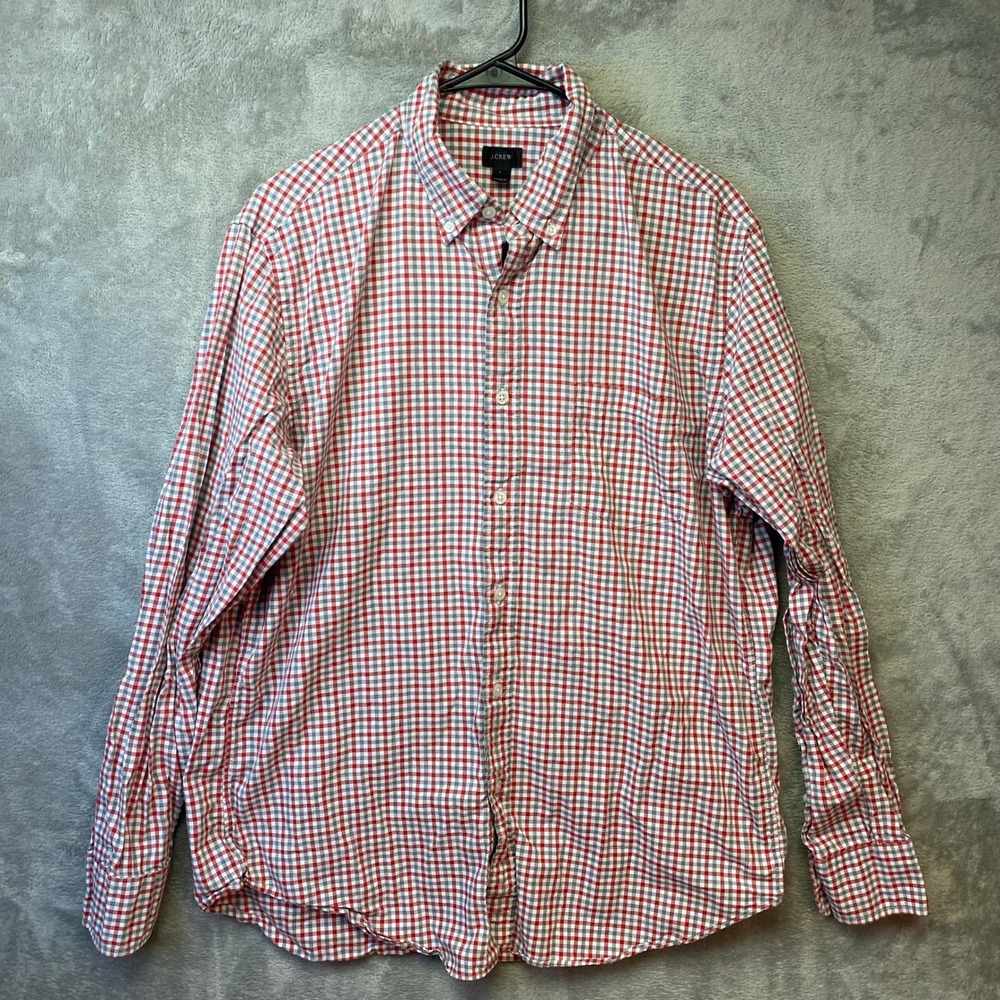 J.Crew Button Down Shirt Mens L Gingham Red White Long Sleeve Cotton EUC
